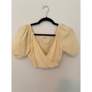 Sim & Sam Puff Sleve Yellow and White Gingham Cropped Top Size Small
